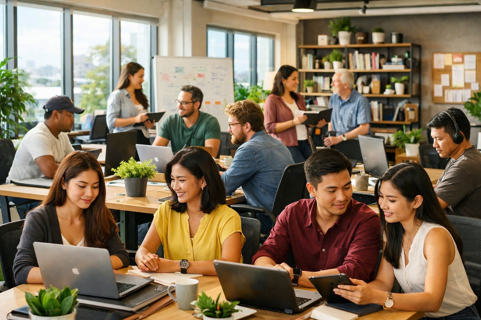 A modern co-working space with people working individually and in groups, surrounded by desks, laptops, and plants.
