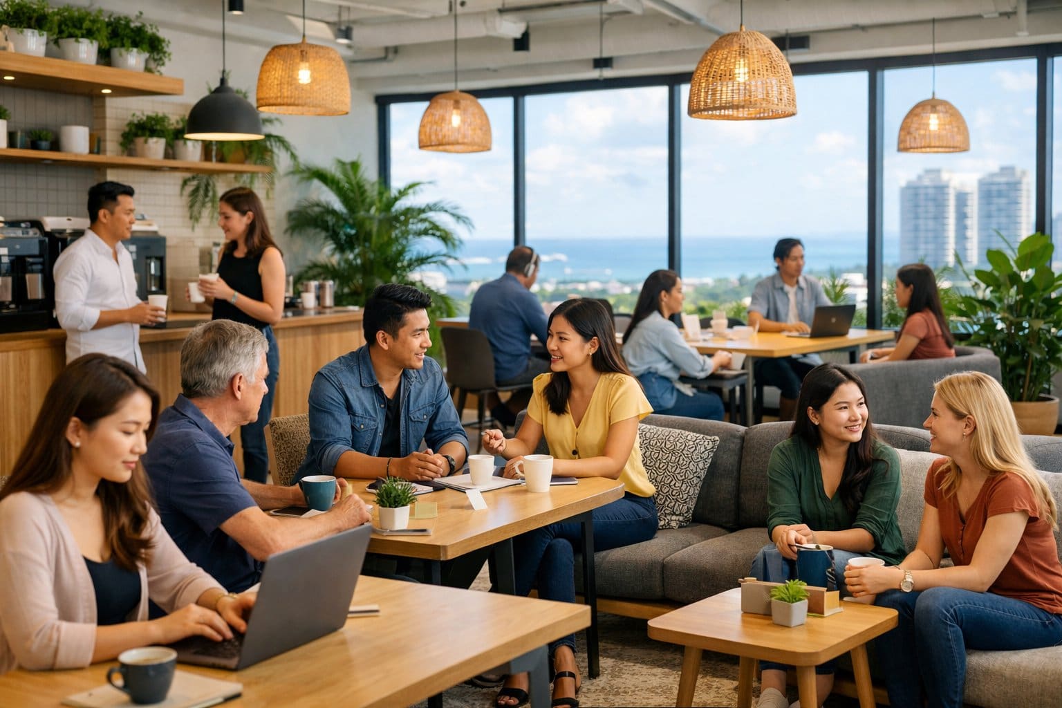 A bright, open co-working space with people working on laptops, having discussions, and networking around shared tables.