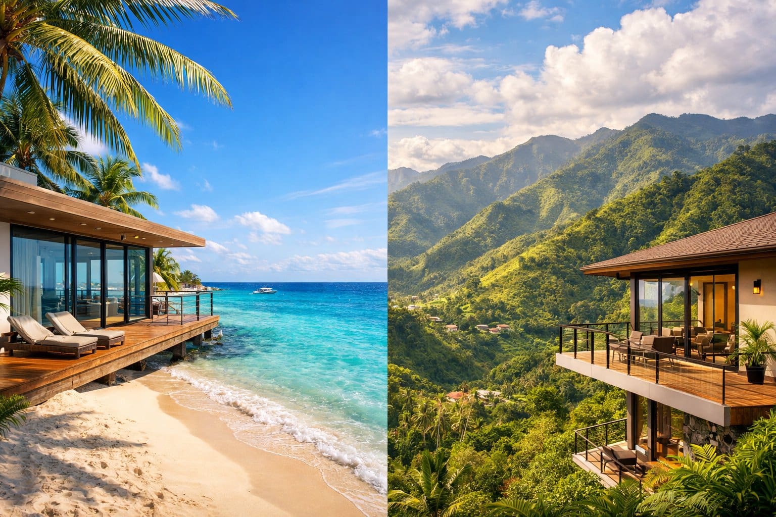 Split scene showing a white sandy beach with a modern beachfront house on one side and green mountains with a mountain-view house on the other.