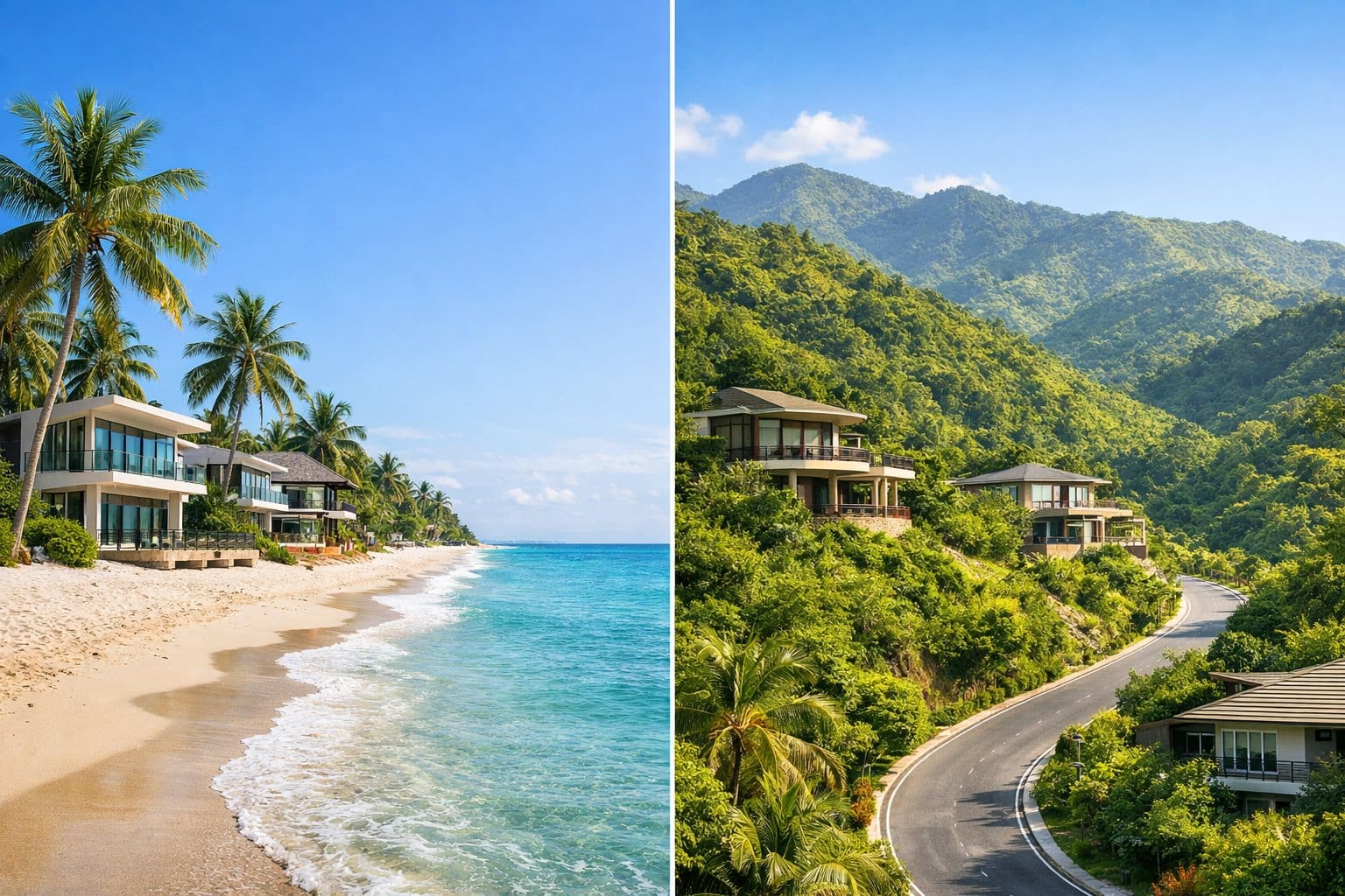 A split view showing a sandy beach with ocean and palm trees on one side and green mountains with houses on the other side.