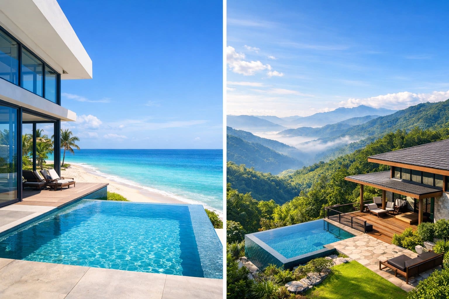 A beachfront home overlooking the ocean on the left and a mountain view home surrounded by trees and hills on the right.