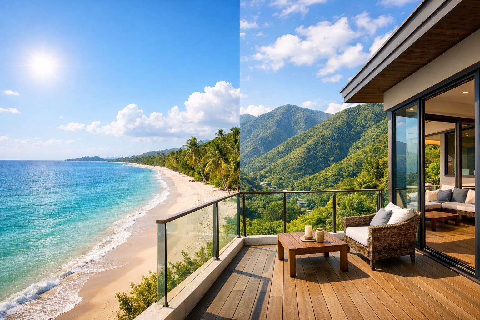 A modern home overlooking a sunny beachfront on one side and green mountains on the other under a clear blue sky.