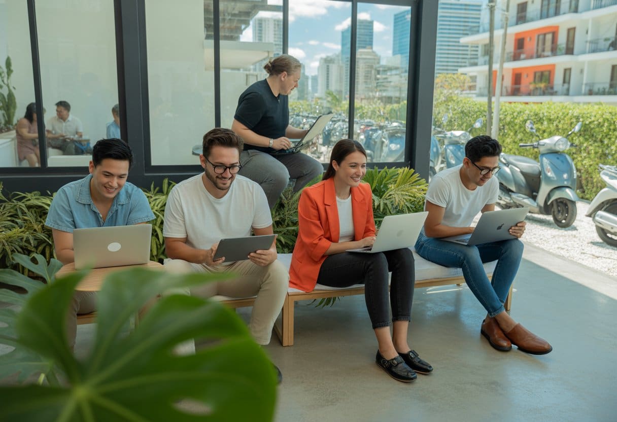 A group of young professionals working on laptops in a bright co-working space overlooking a city with tropical plants and modern apartments nearby.