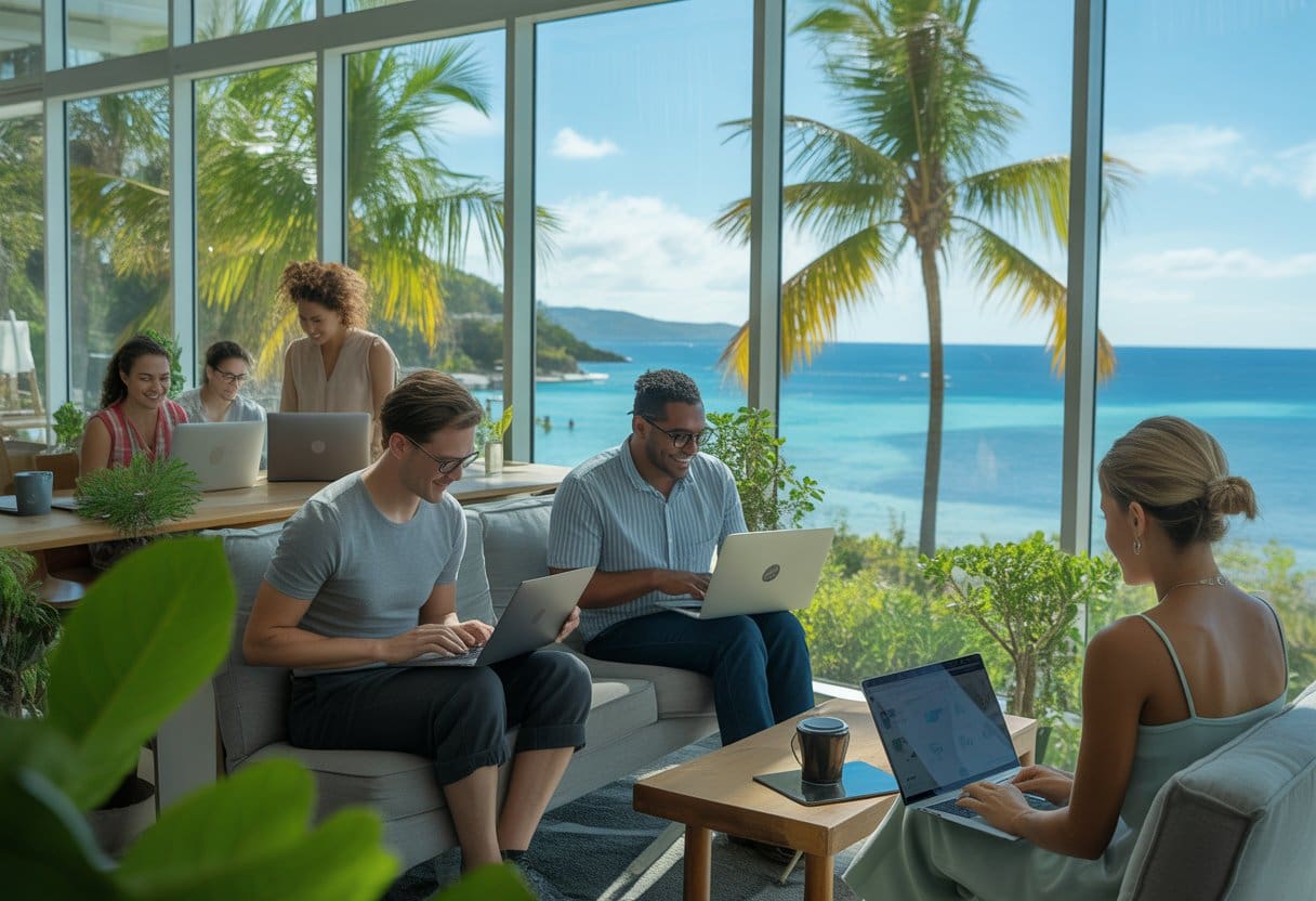 A group of remote workers using laptops in a bright co-working space with large windows showing a tropical coastline with palm trees and blue water.