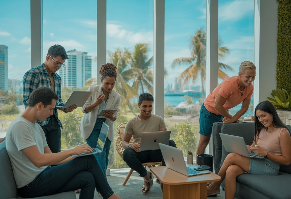 A group of young professionals working on laptops in a bright co-working space with large windows showing a tropical cityscape with palm trees and tall buildings.