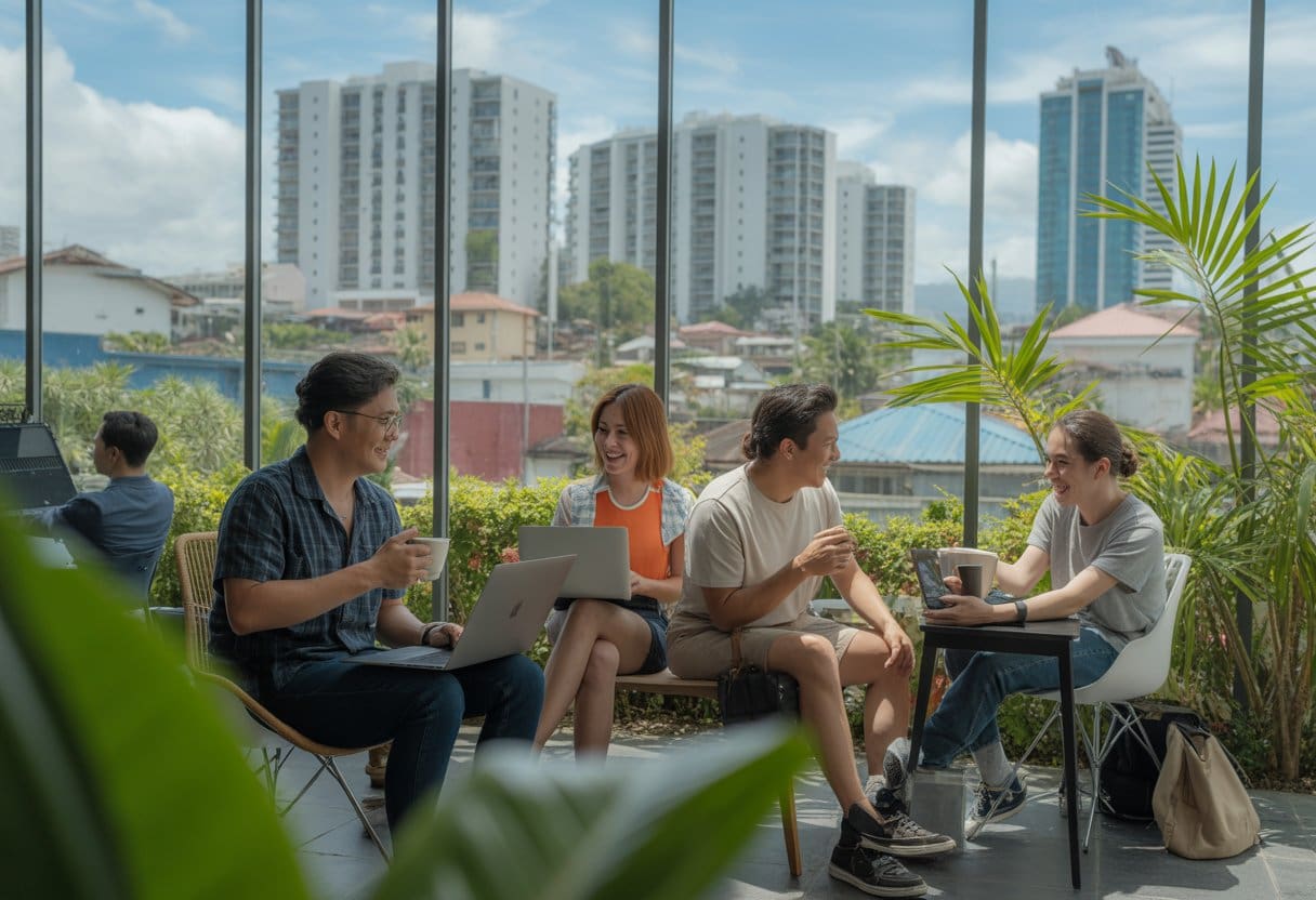 People working and socializing in a co-working space with a city skyline and residential buildings visible outside.