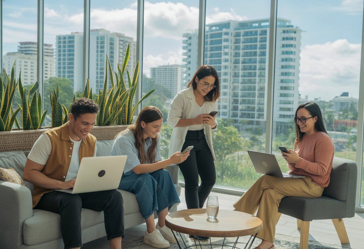 A group of diverse digital nomads working on laptops in a bright co-working space with a view of modern buildings in Cebu.