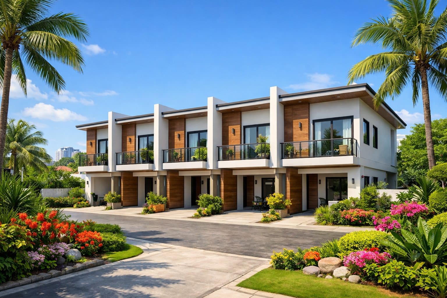 Exterior view of a modern townhouse surrounded by tropical plants and clear blue sky.