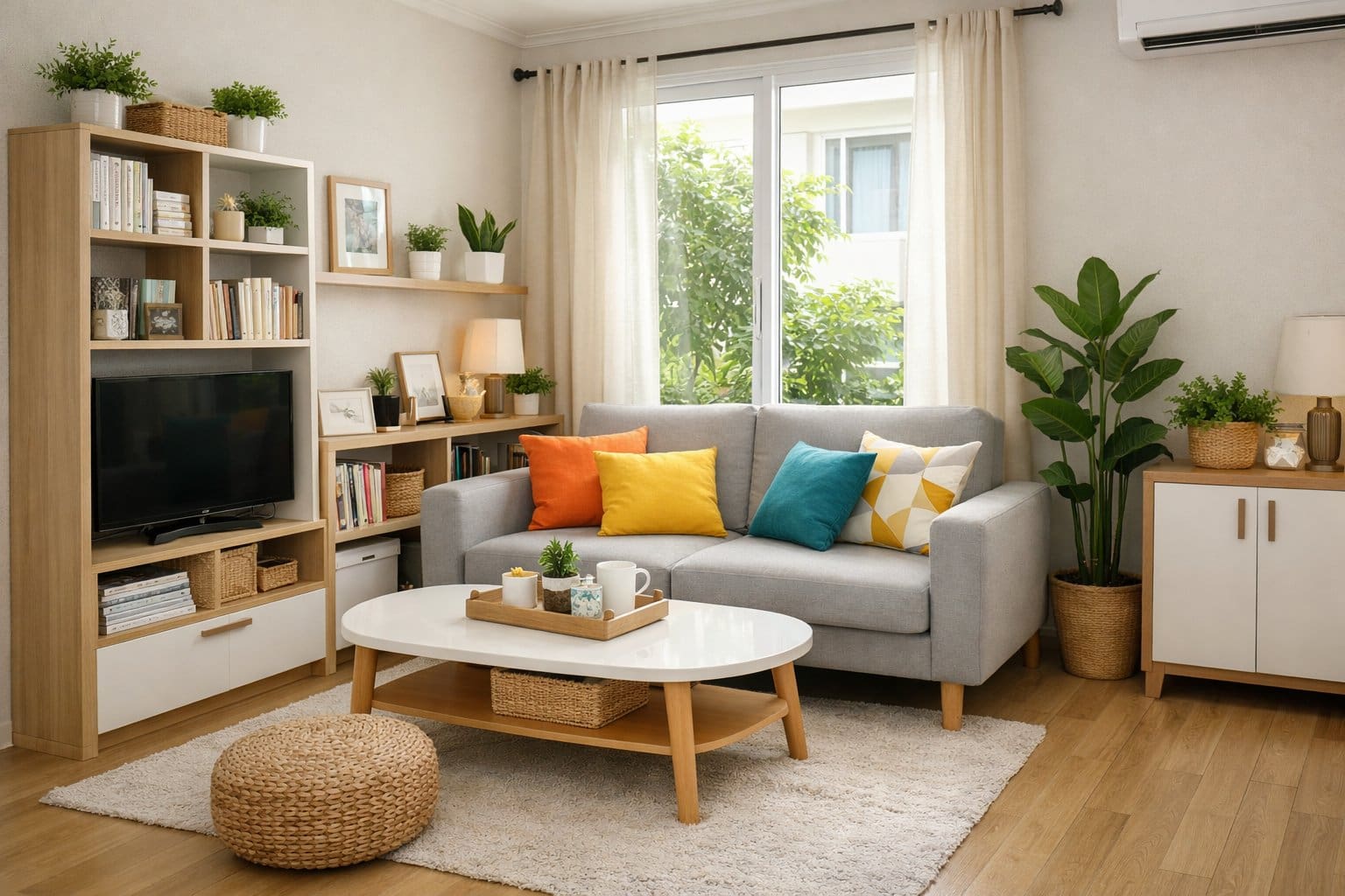 A small townhouse living room with a compact sofa, coffee table, shelves, indoor plants, and natural light coming through windows.