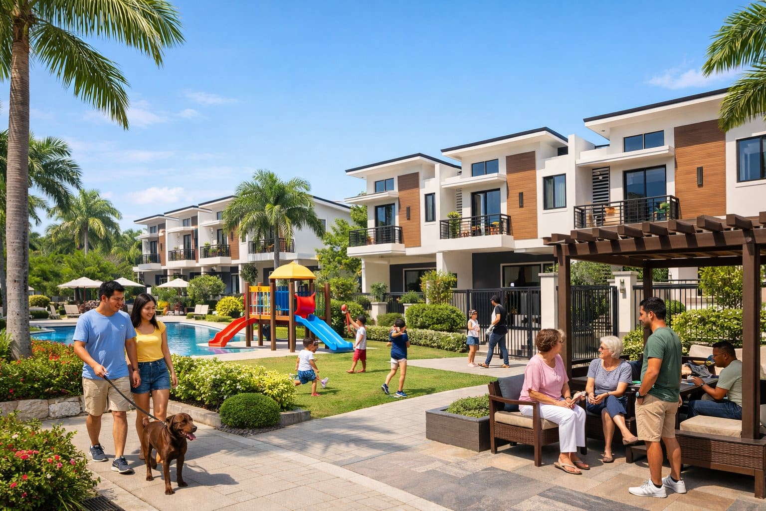 A modern townhouse community with people walking, children playing, and visible amenities like a pool and playground surrounded by greenery.