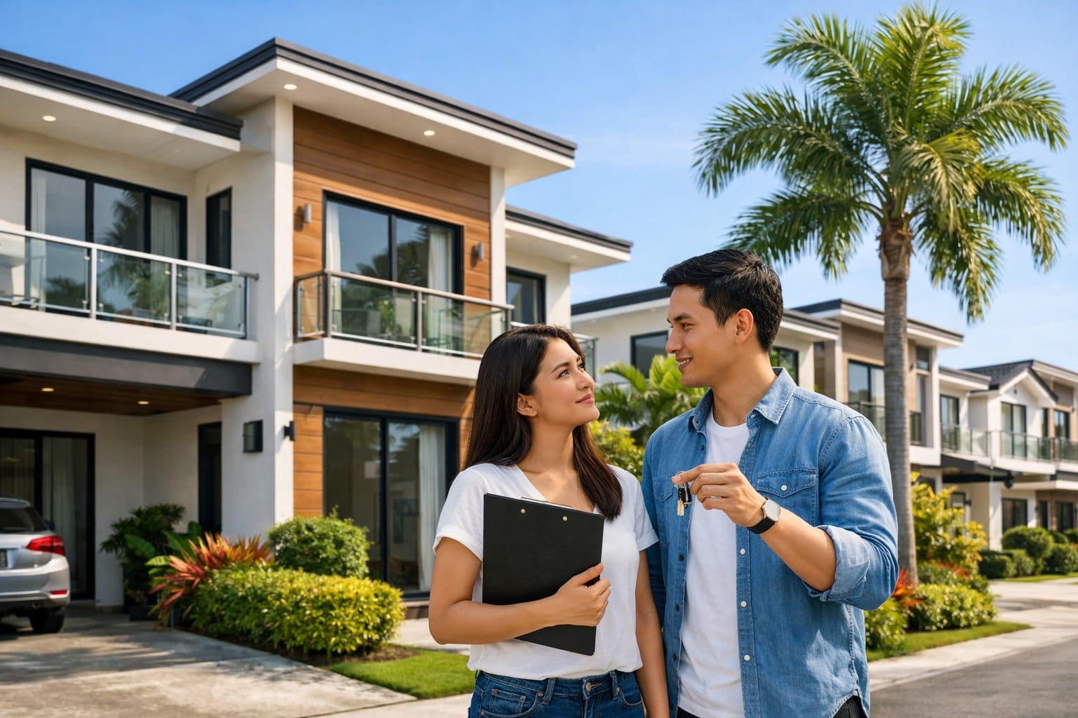 A young couple standing in front of a modern townhouse surrounded by tropical plants, discussing while holding house keys and a clipboard.