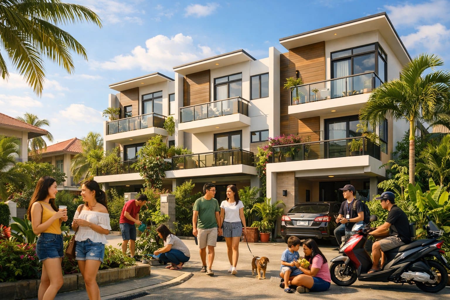 A modern townhouse in a sunny neighborhood with people chatting and walking outdoors surrounded by tropical plants.