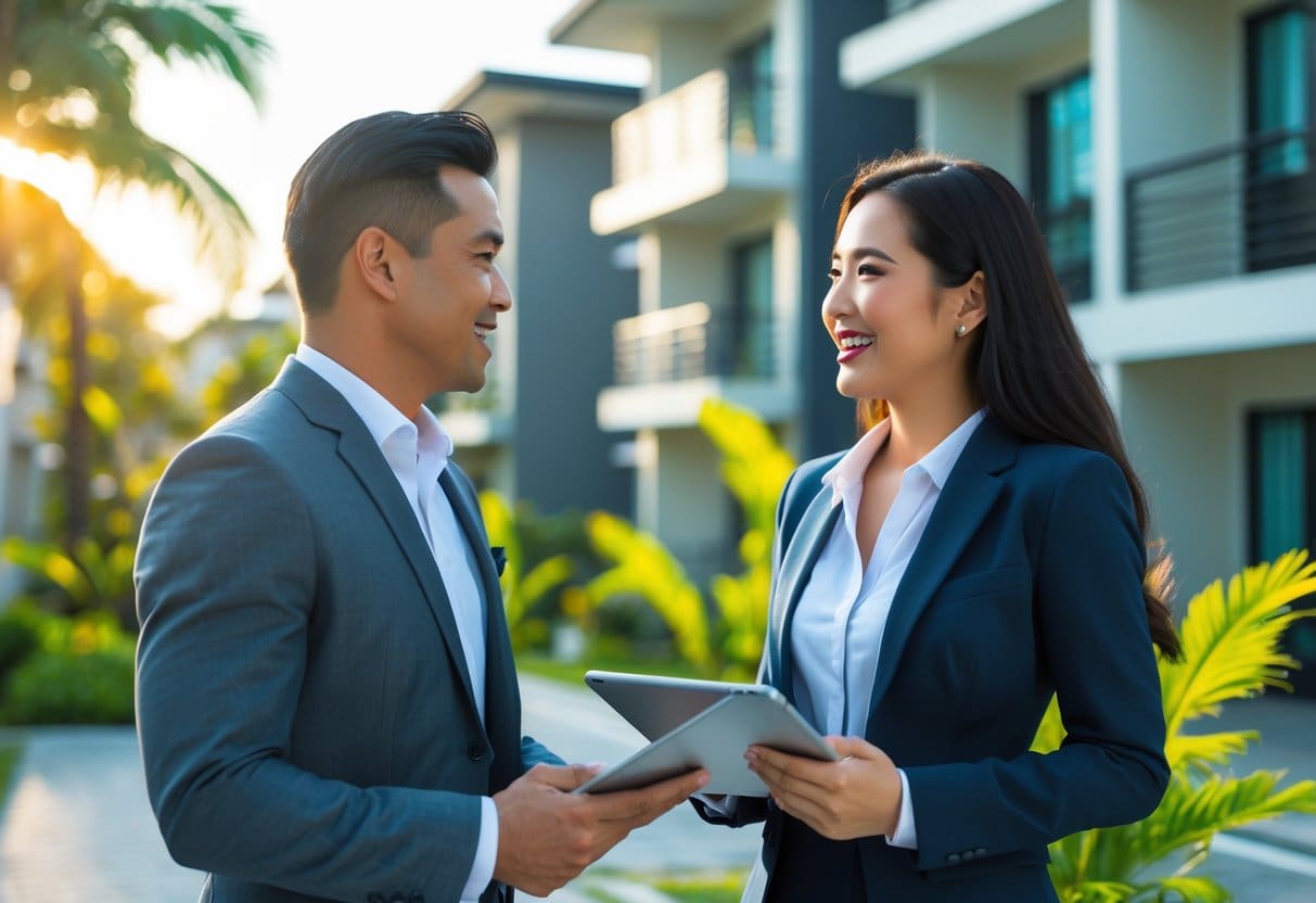 A property manager and landlord talking outside a modern apartment building in a sunny tropical setting.