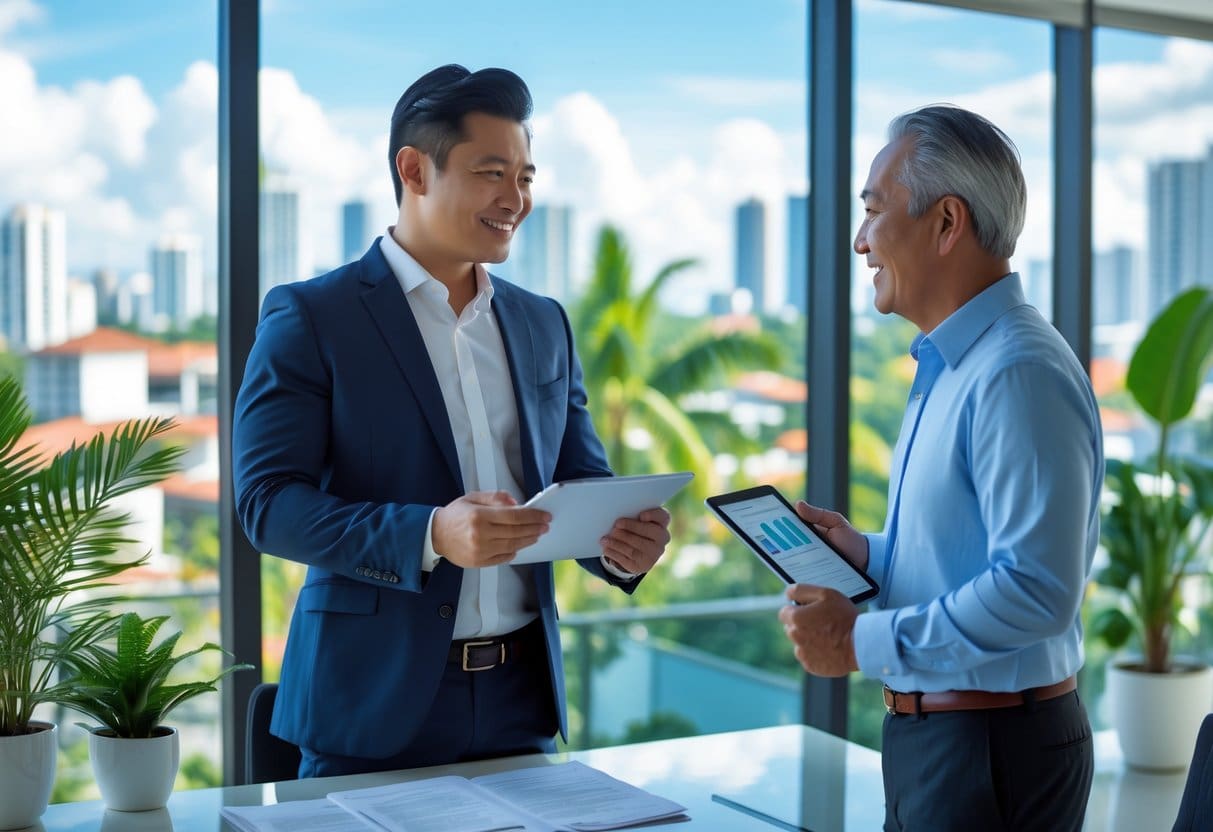 A property manager and landlord discussing rental opportunities in a modern office with a view of Cebu city outside the window.