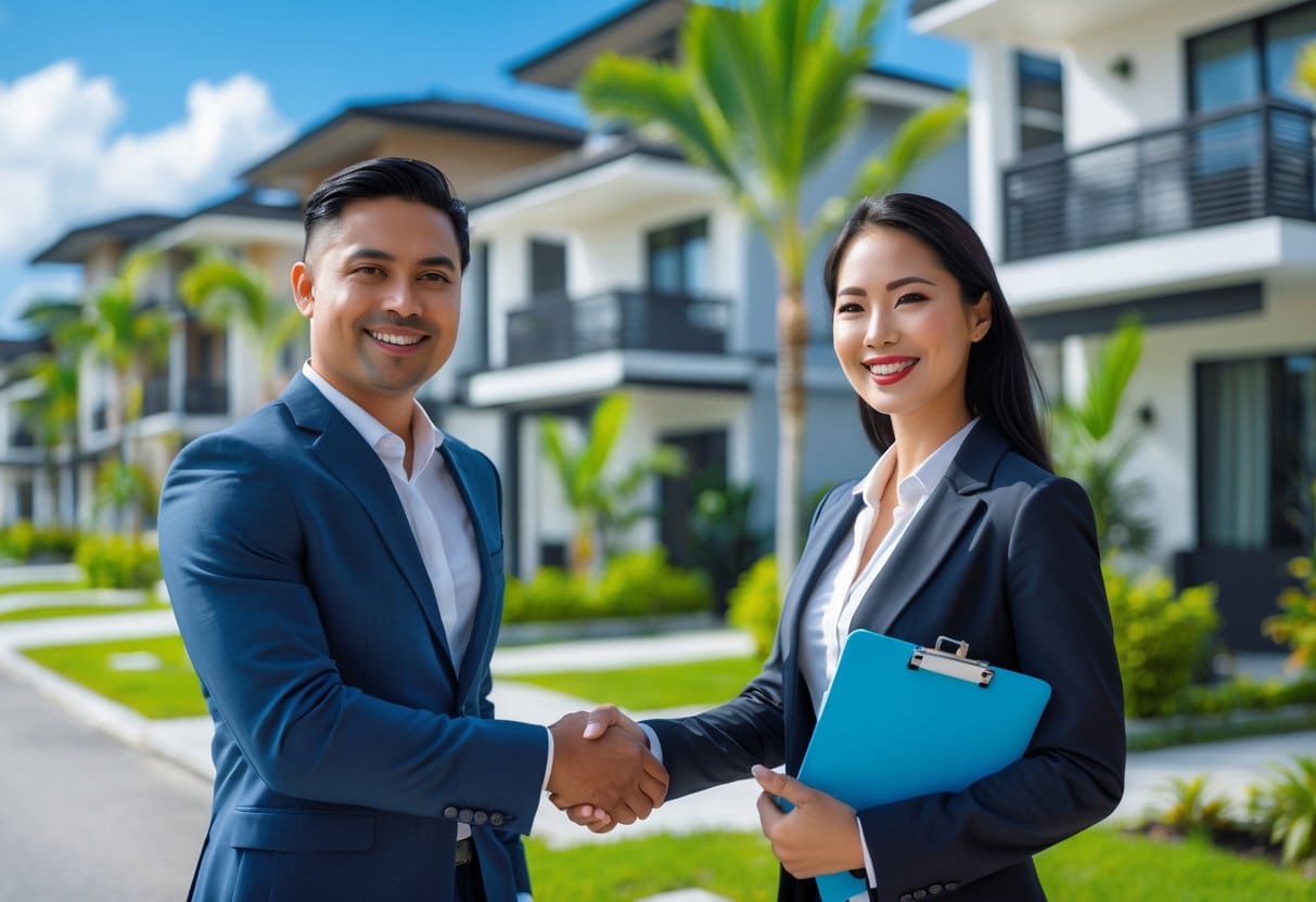 A property manager shaking hands with a landlord outside modern rental houses in a tropical neighborhood.