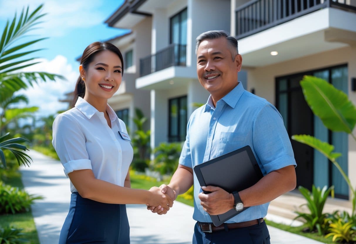 A property manager shaking hands with a landlord outside a well-maintained residential building in Cebu, with tropical plants and clear skies in the background.