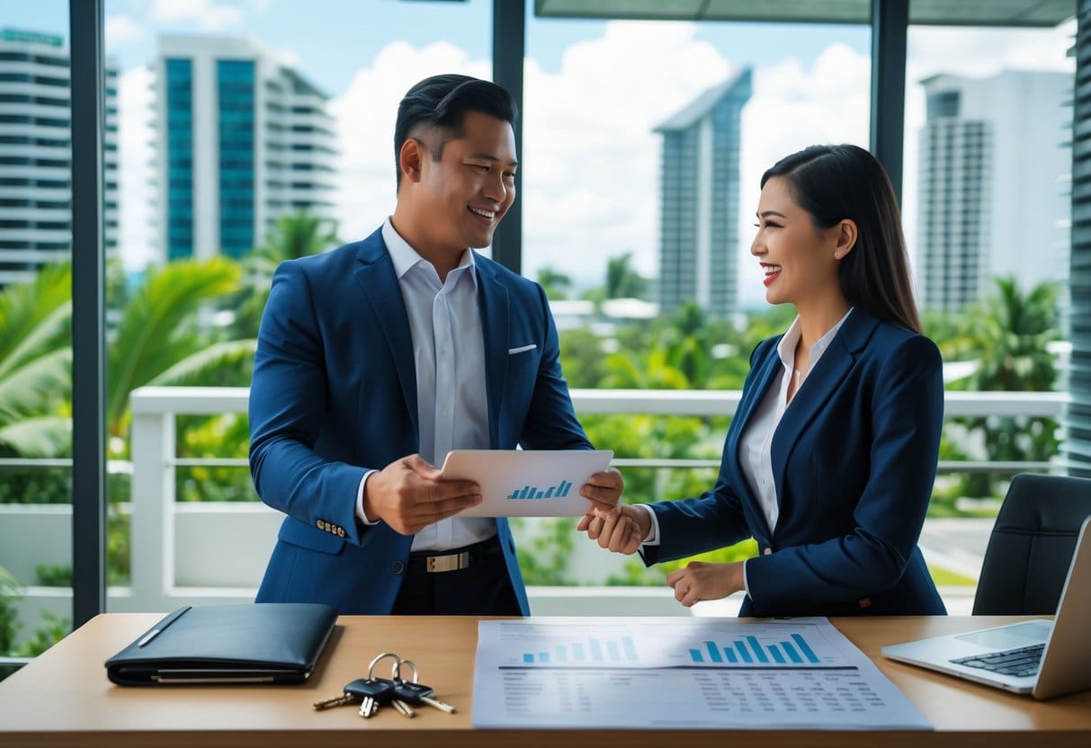 A property manager and landlord discussing rental income in a modern office with a city view.