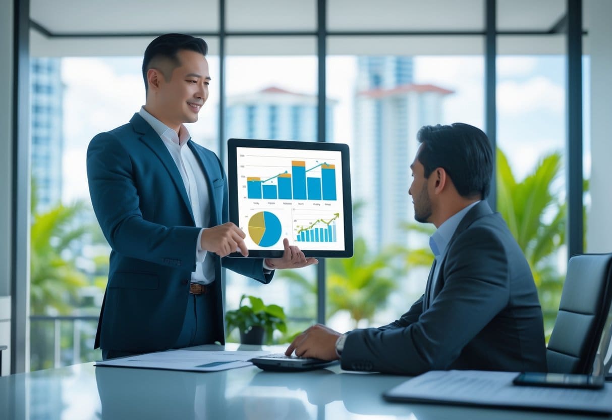 A property manager and landlord discussing rental investment strategies in a modern office with a city view in the background.