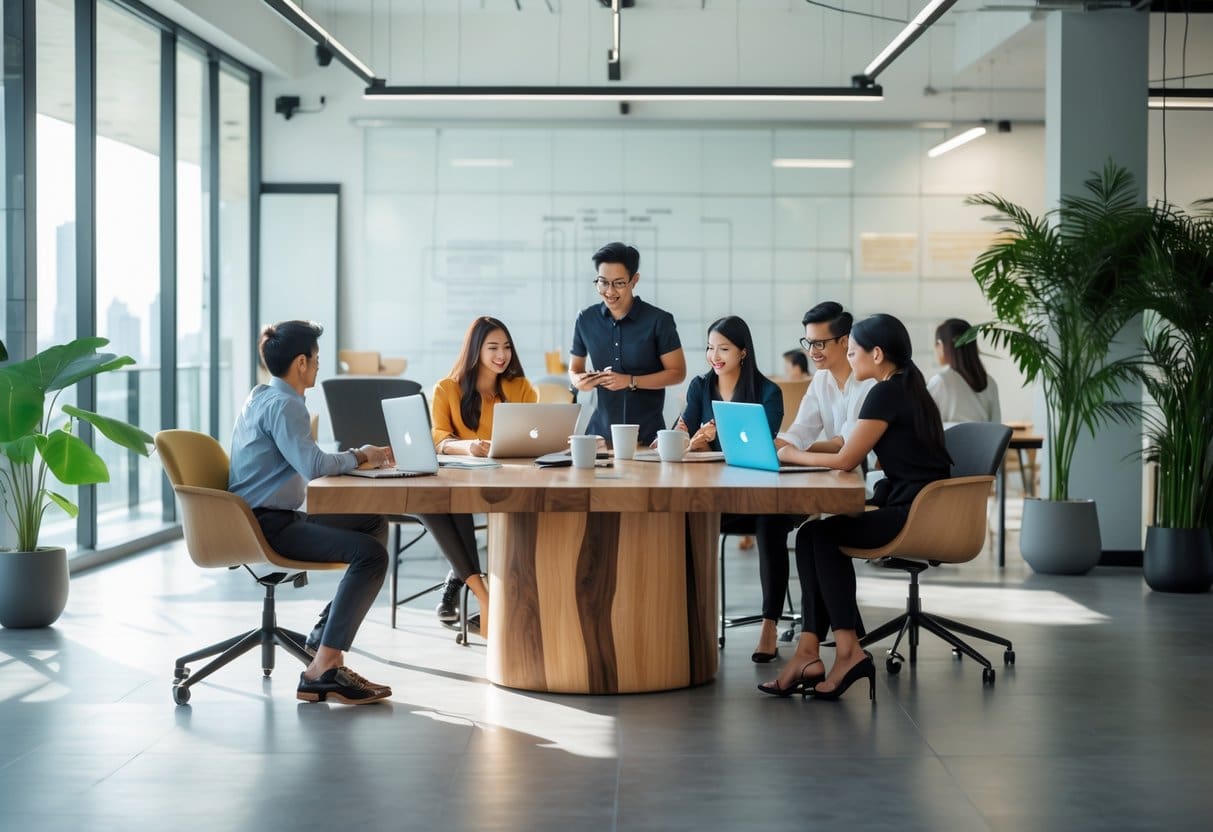 A bright co-working space with people working together at tables using laptops and discussing ideas.
