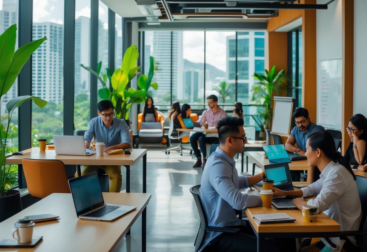 A modern co-working space with people working at desks and collaborating, featuring large windows with a tropical city view and indoor plants.