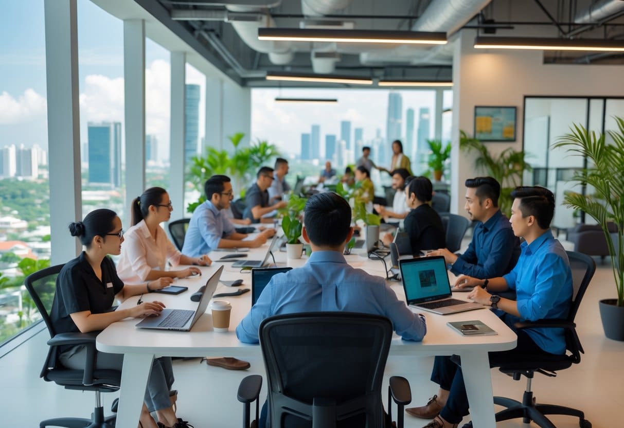 A bright, modern co-working space with diverse professionals working together at shared desks near large windows showing a city view.