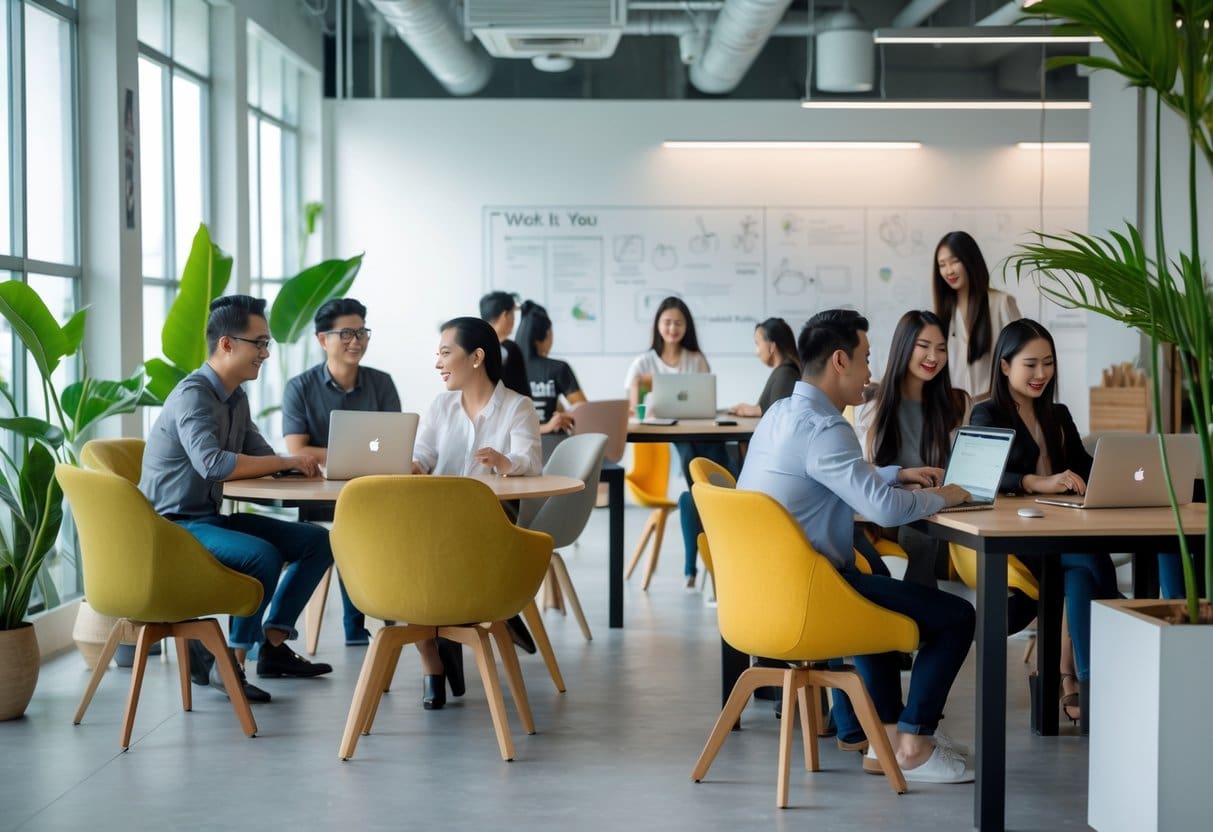 A bright, modern co-working space with people working on laptops and collaborating at desks.