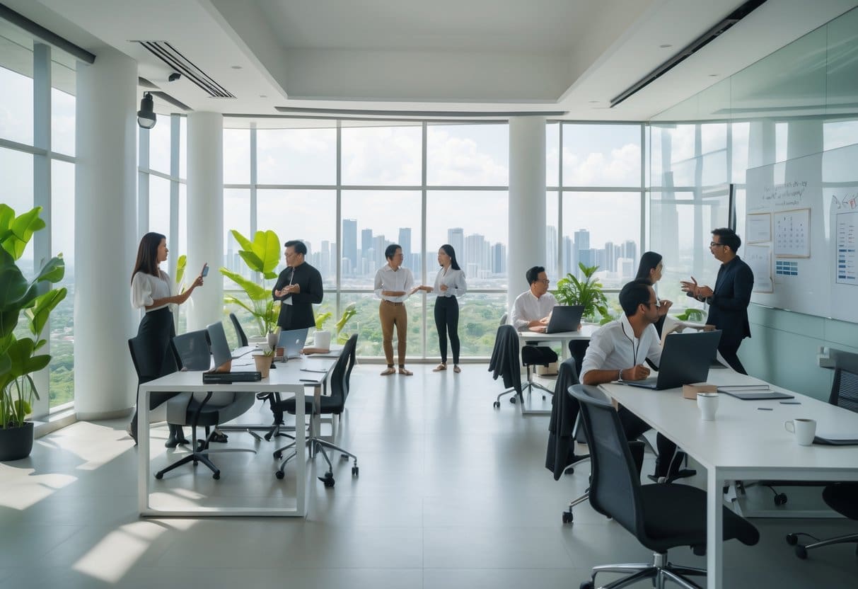 People working and collaborating in a bright, modern co-working space with large windows showing a city skyline.