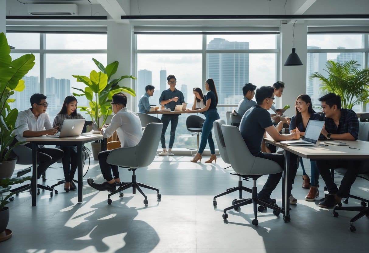 A modern co-working space with people working together at desks near large windows showing a city view.