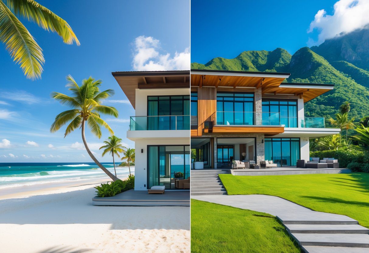 Two modern homes side by side, one overlooking a sandy beach with ocean waves, the other situated on a green hillside with mountain views.