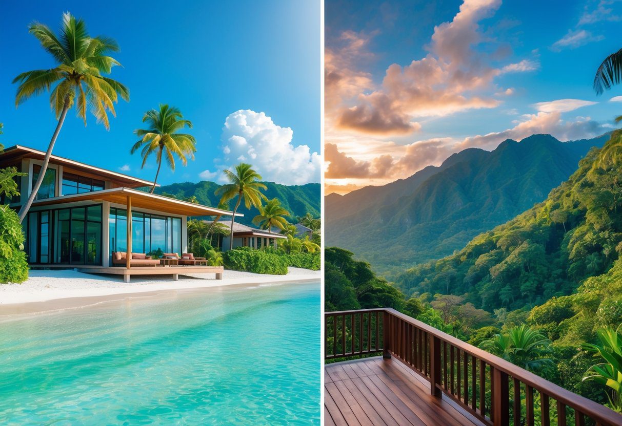 A split scene showing a beachfront house by clear blue water with palm trees and a mountain view home surrounded by green hills under a colorful sky.