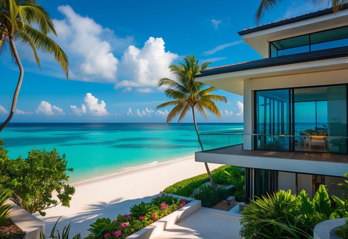 A modern beachfront house in Cebu with a balcony overlooking a sandy beach, turquoise ocean, palm trees, and a clear blue sky.