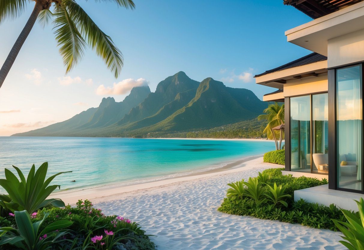 A luxurious beachfront home in Cebu with a sandy beach and turquoise water in front and green mountains in the background under a clear sky.