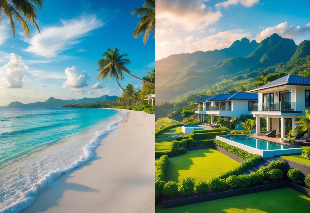 A split view of a beachfront property with white sand and palm trees on one side, and mountain view homes surrounded by green hills and tropical vegetation on the other.
