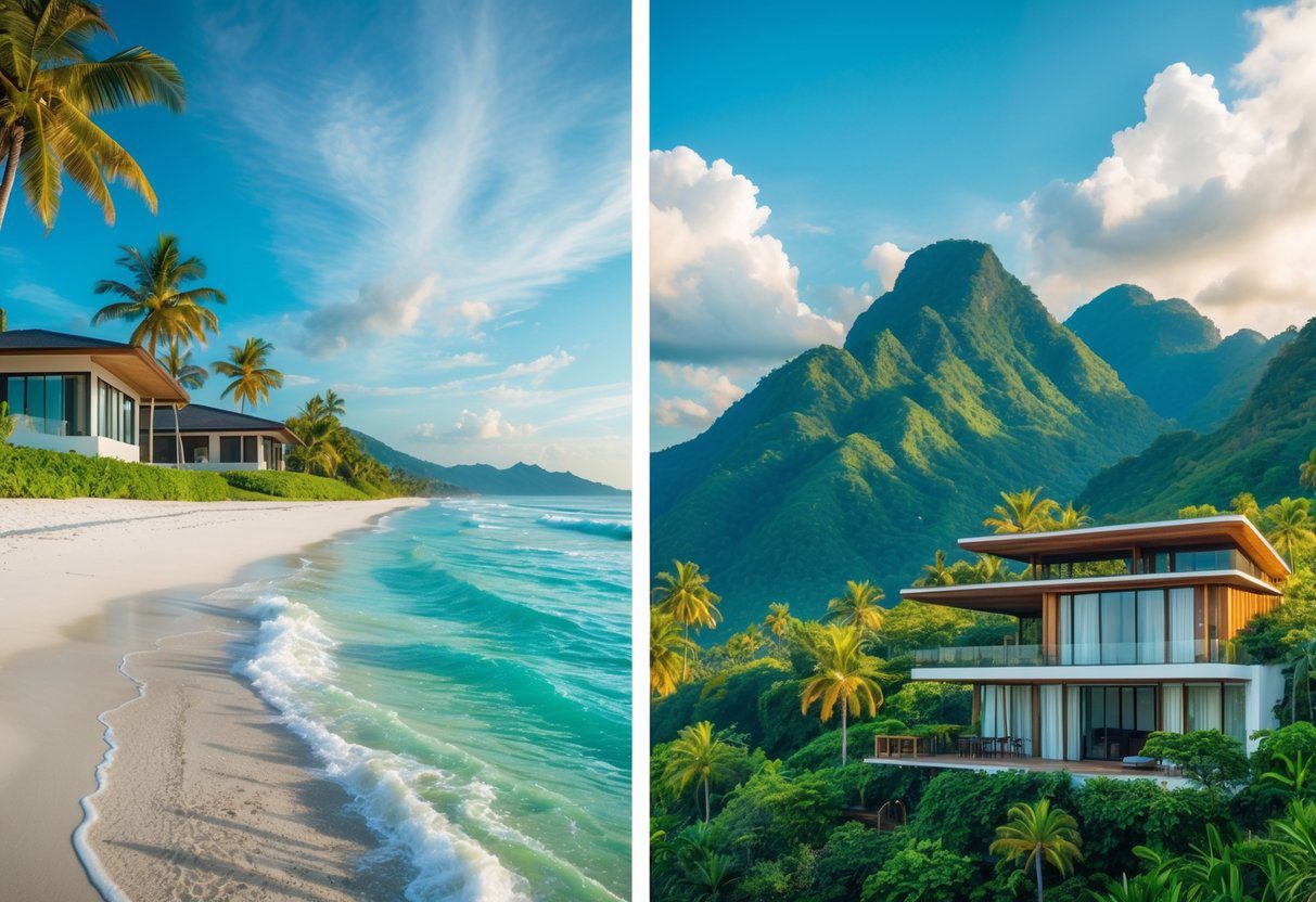 A coastal beach with a modern house on one side and a green mountain landscape with a house on the other side under a clear sky.