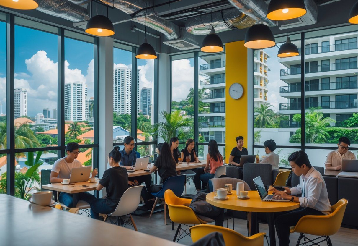 Young professionals working on laptops in a modern co-working space overlooking a city with contemporary apartments and tropical plants.