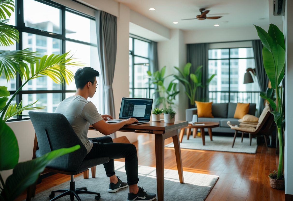 A young person working on a laptop in a bright, modern apartment with tropical plants and large windows.