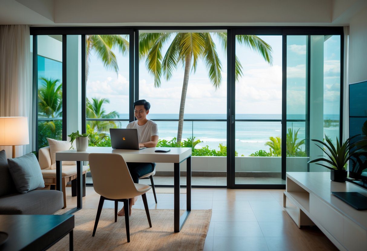 A young professional working on a laptop in a bright apartment with tropical plants and an ocean view through large windows.