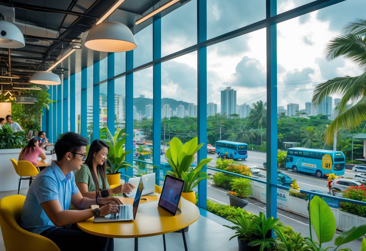 Young professionals working on laptops in a bright co-working space with a view of Cebu city, tropical greenery, and nearby transportation and amenities.