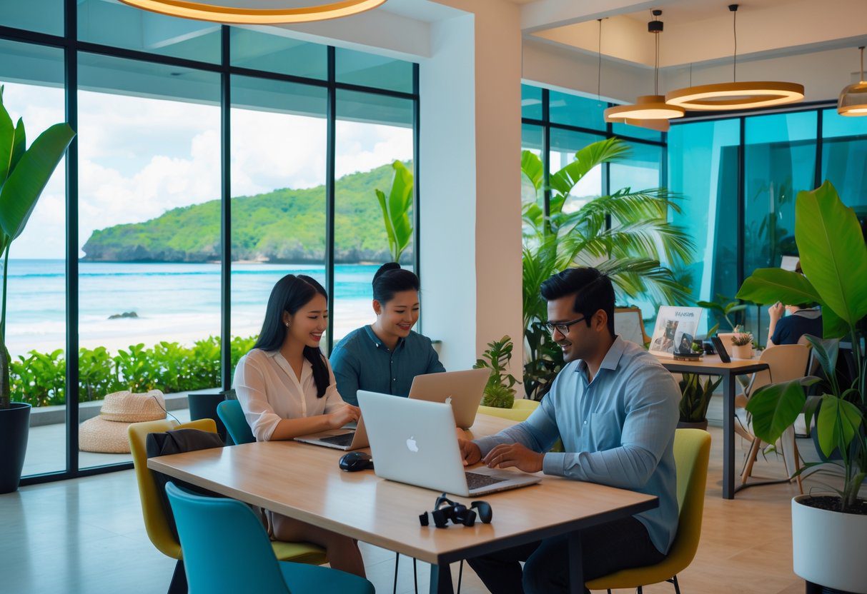 People working on laptops in a bright co-working space with windows showing a beach and tropical plants outside.
