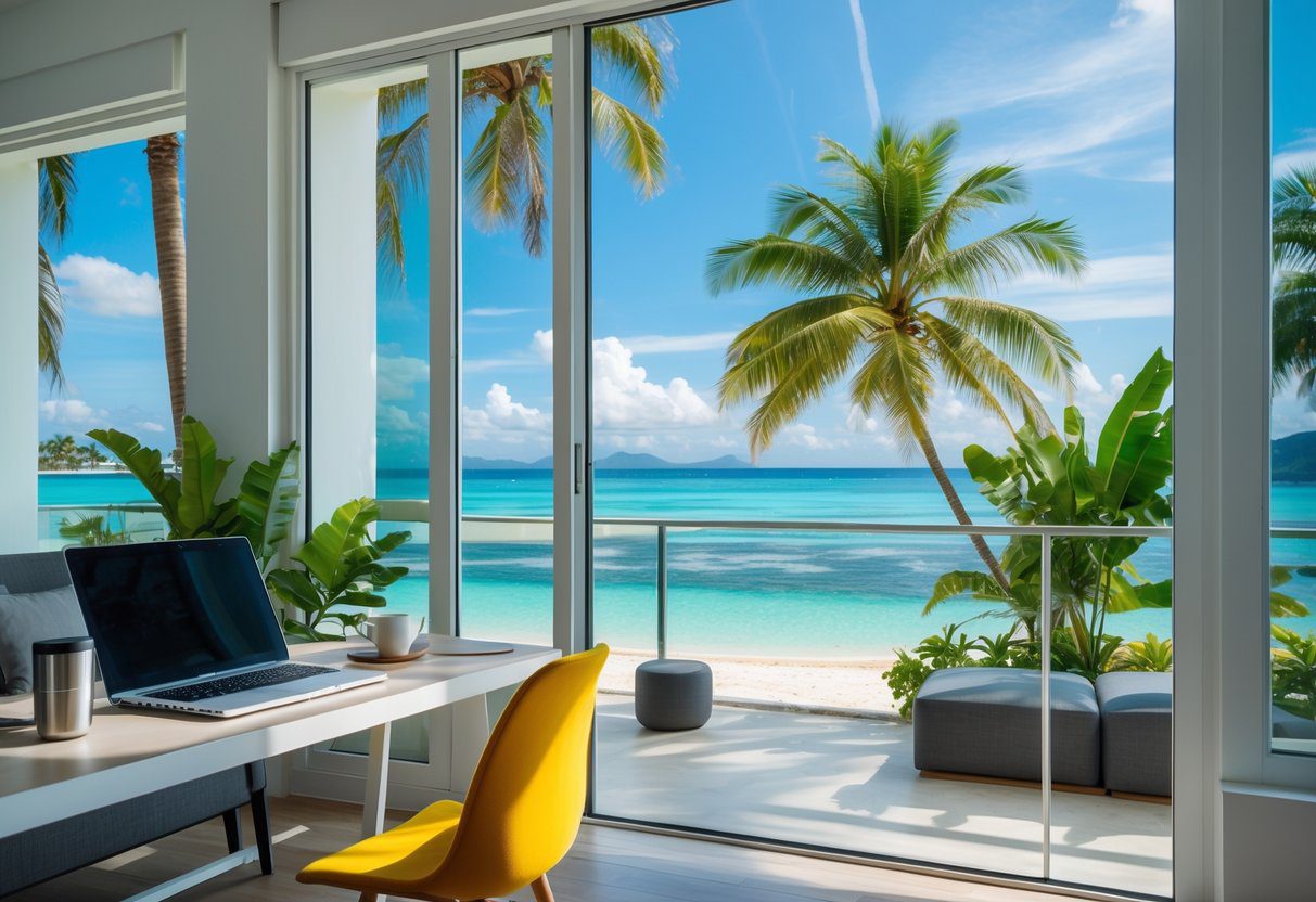 Bright modern apartment interior with a workspace and large windows overlooking a tropical beach and palm trees.
