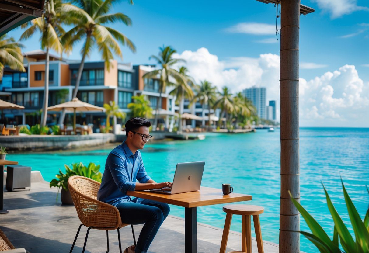 A young professional working on a laptop at an outdoor cafe near a tropical beach with palm trees and modern apartments in the background.