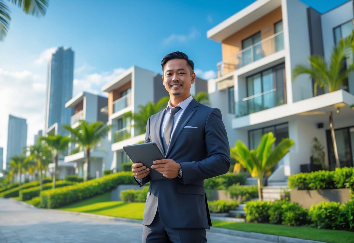 A real estate agent standing outside modern residential buildings in a sunny urban area with tropical plants.