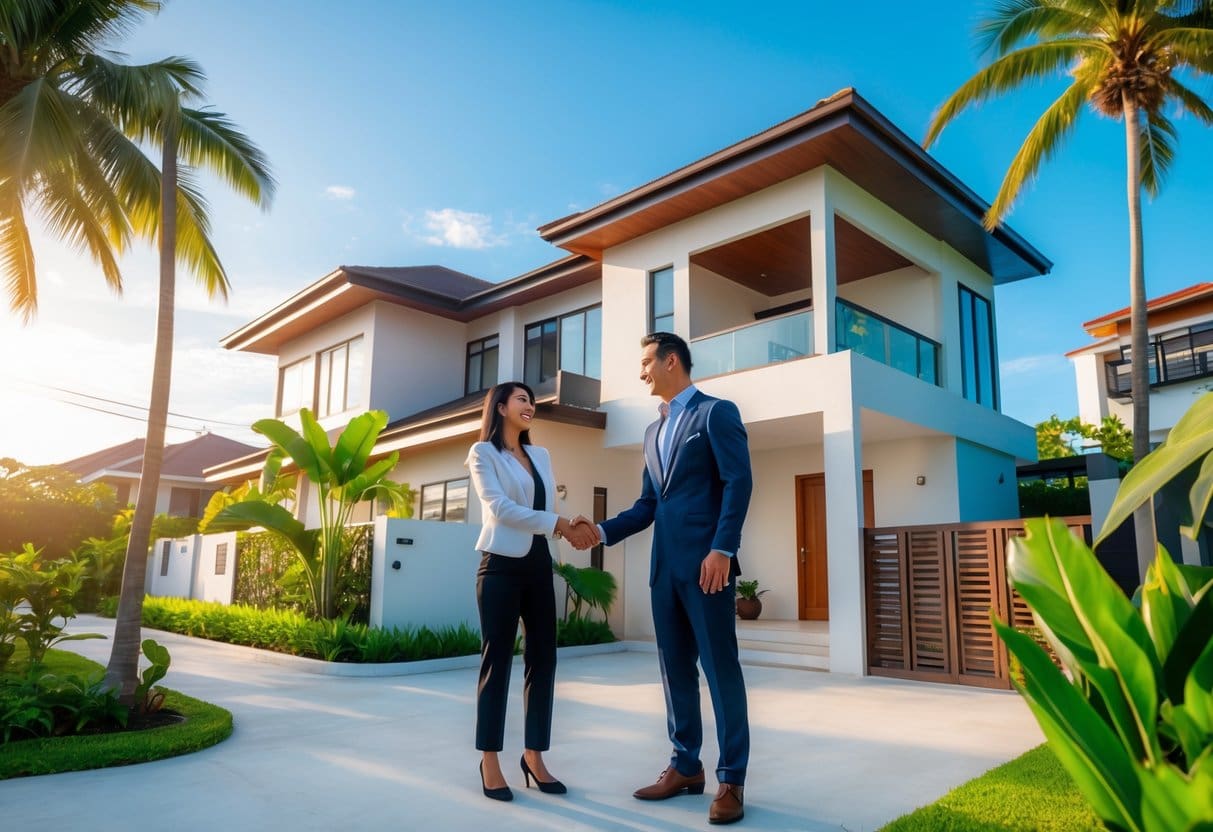 A real estate agent shaking hands with a couple outside a modern house surrounded by tropical plants.