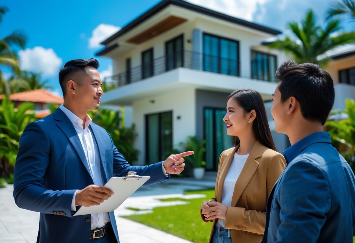 A real estate agent showing a modern house to a young couple outdoors with tropical plants and clear sky in the background.
