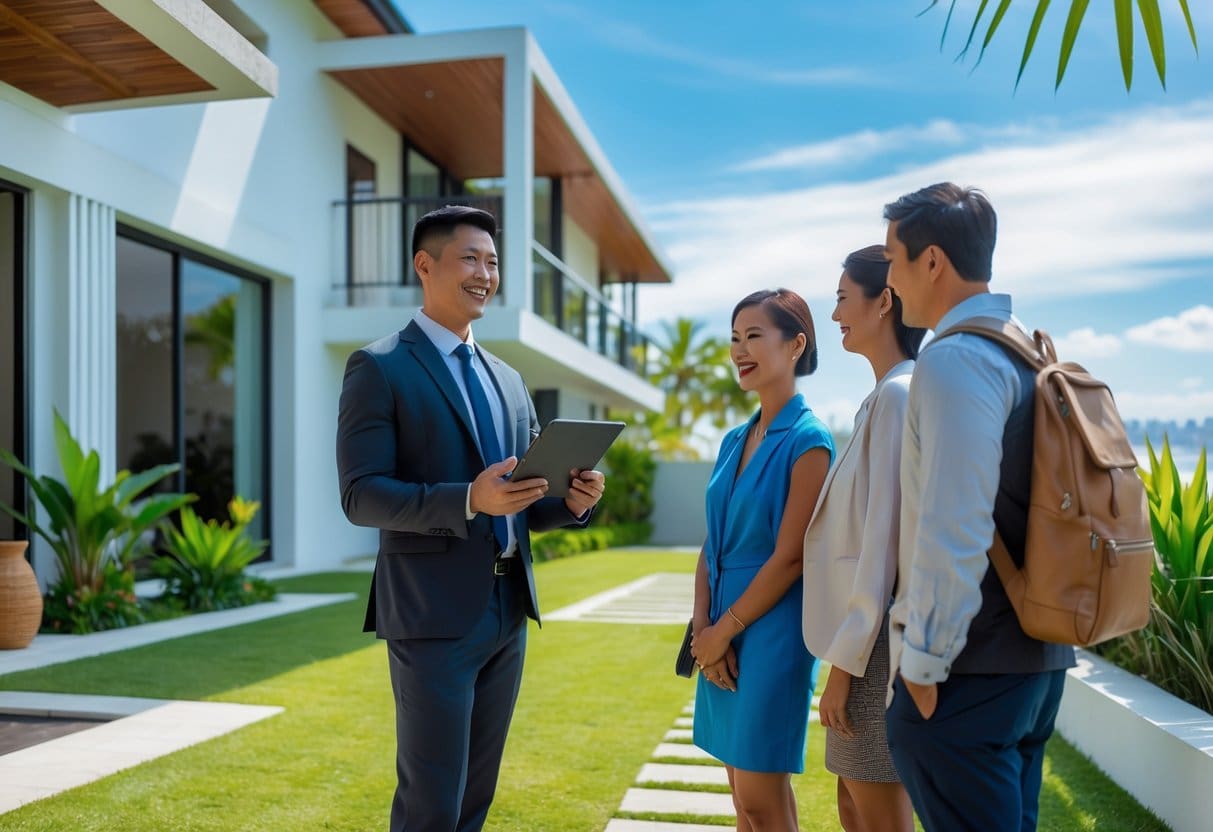 A real estate agent showing a modern house to a couple outdoors with tropical plants and clear skies in the background.