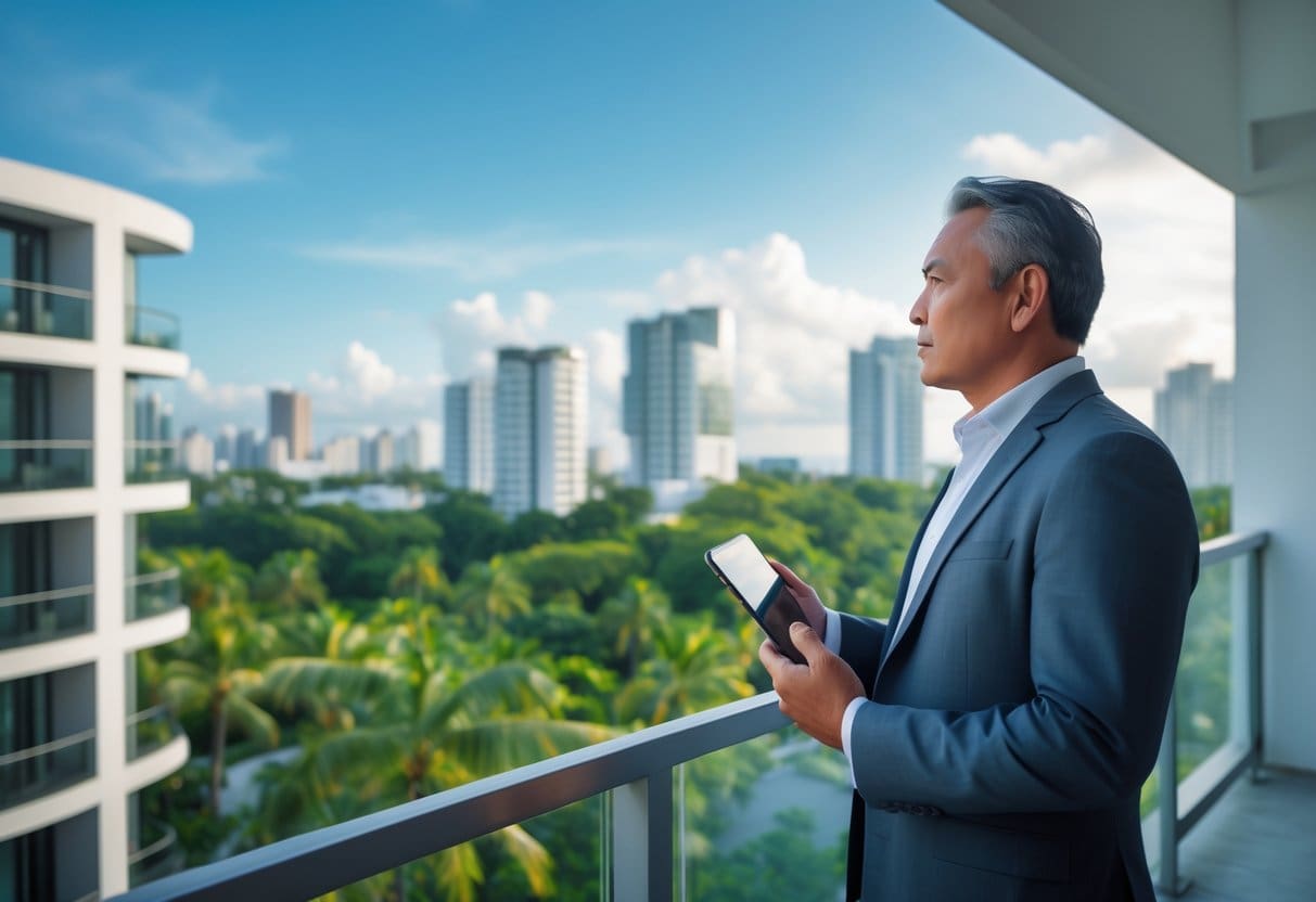 A man in business casual clothes stands on a balcony overlooking a city with modern buildings and tropical trees.
