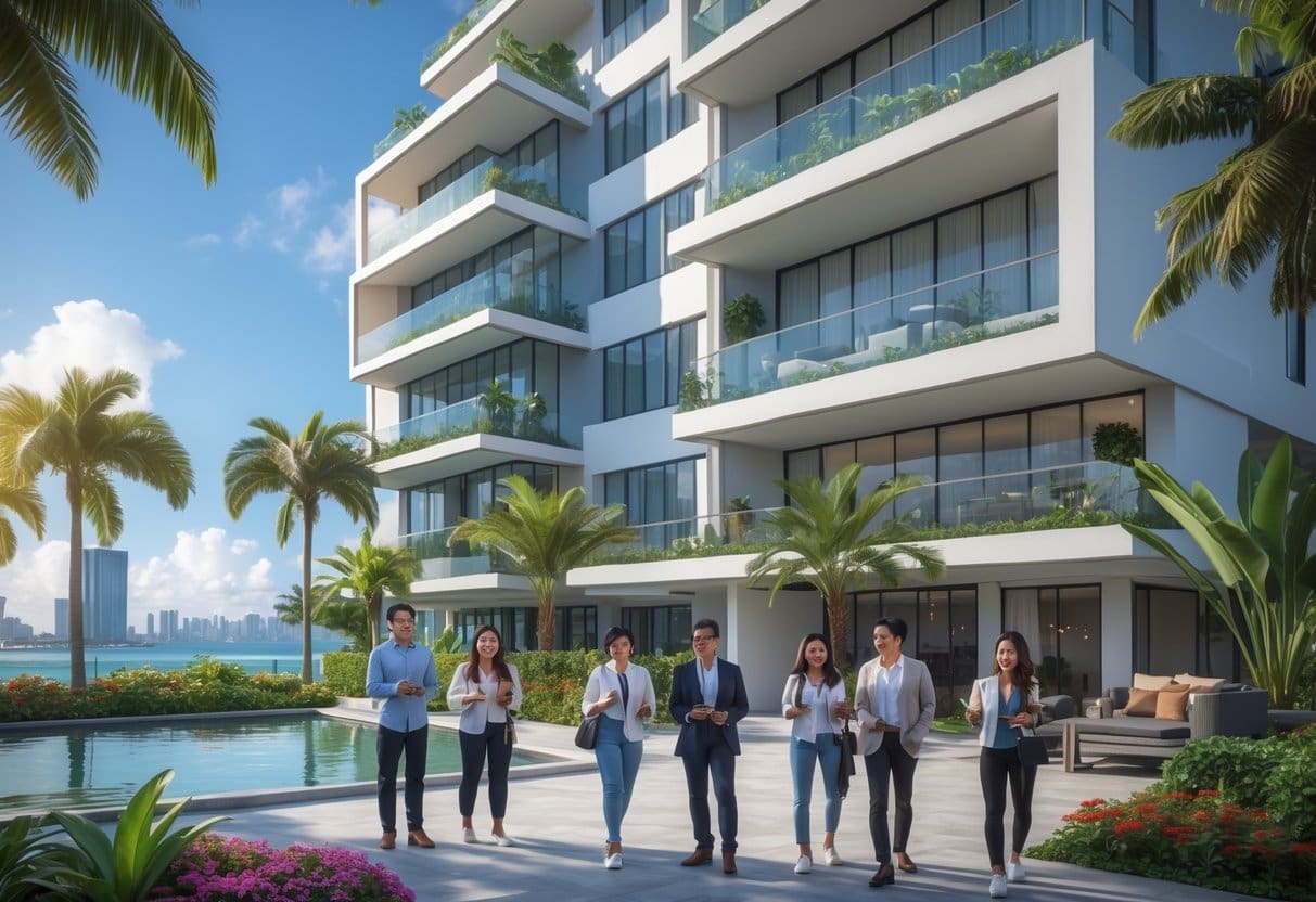 Modern condominium building with people interacting outside, tropical plants, city skyline, and ocean in the background.