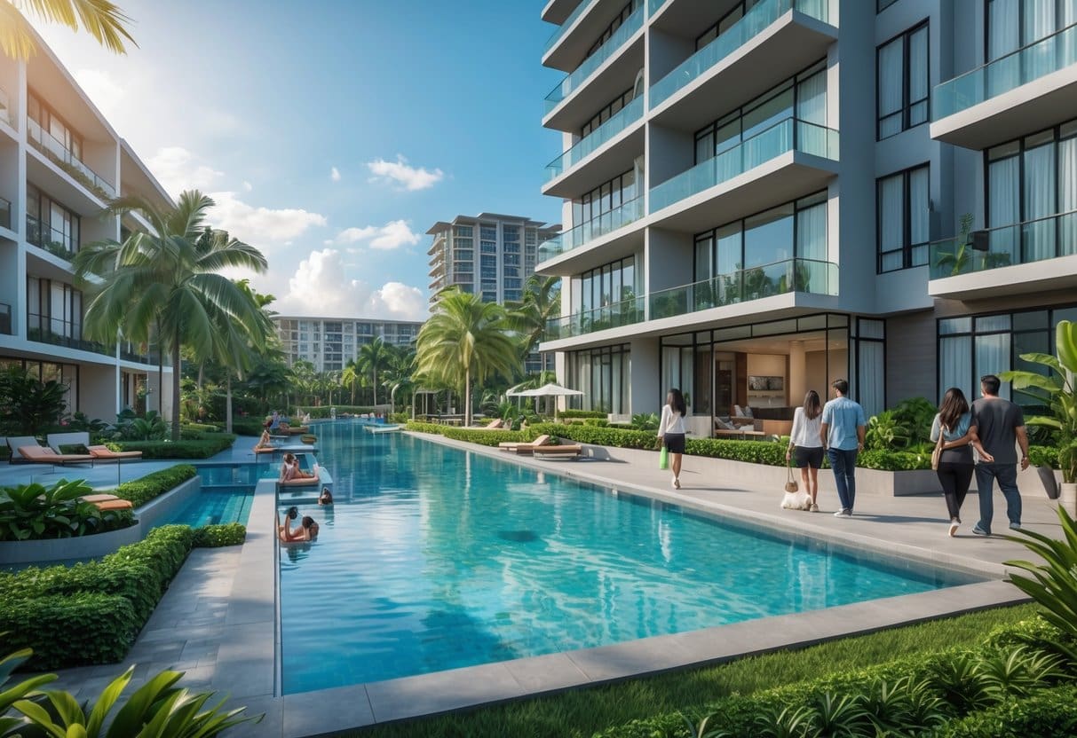 Modern condominium complex in Cebu with people enjoying a swimming pool and landscaped gardens on a sunny day.