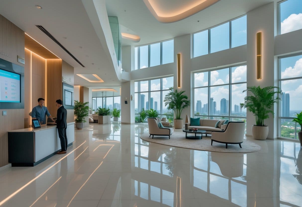 Modern condominium lobby with digital touchscreens, residents using smartphones, and city skyline visible through large windows.