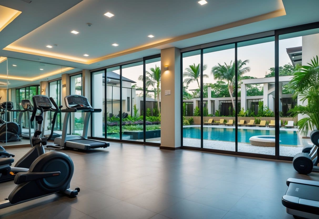 Modern condominium fitness center with exercise equipment, outdoor swimming pool, and a yoga area surrounded by greenery.